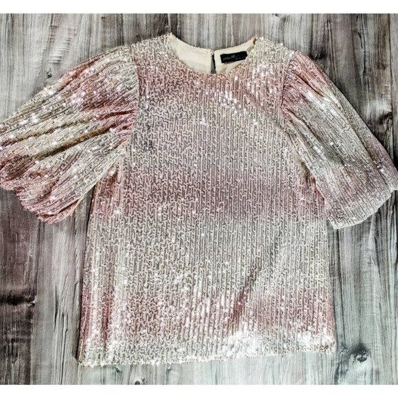 OnTwelfth Sequined Puff Sleeve‎ Top size M, Champagne - Picture 3 of 7